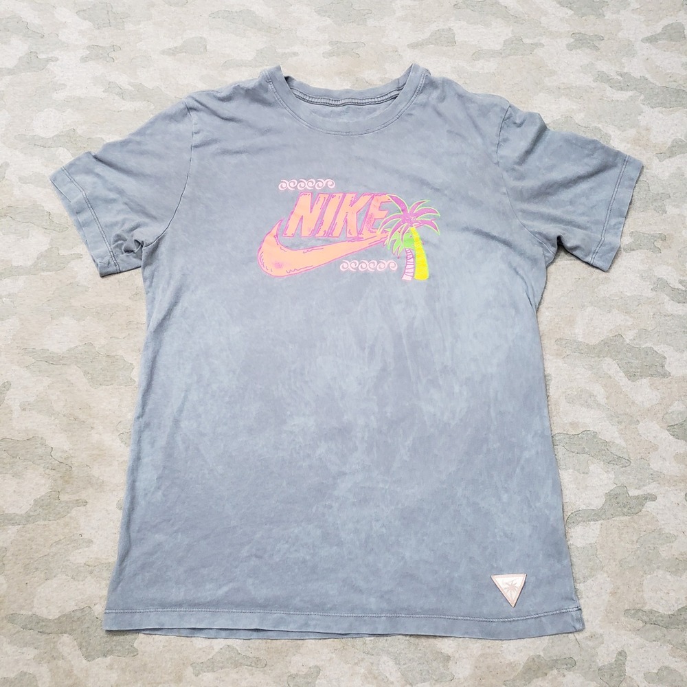 Nike Shirt Mens Small Blue Tropical Palm Tree Graphic Acid Wash Short Sleeve